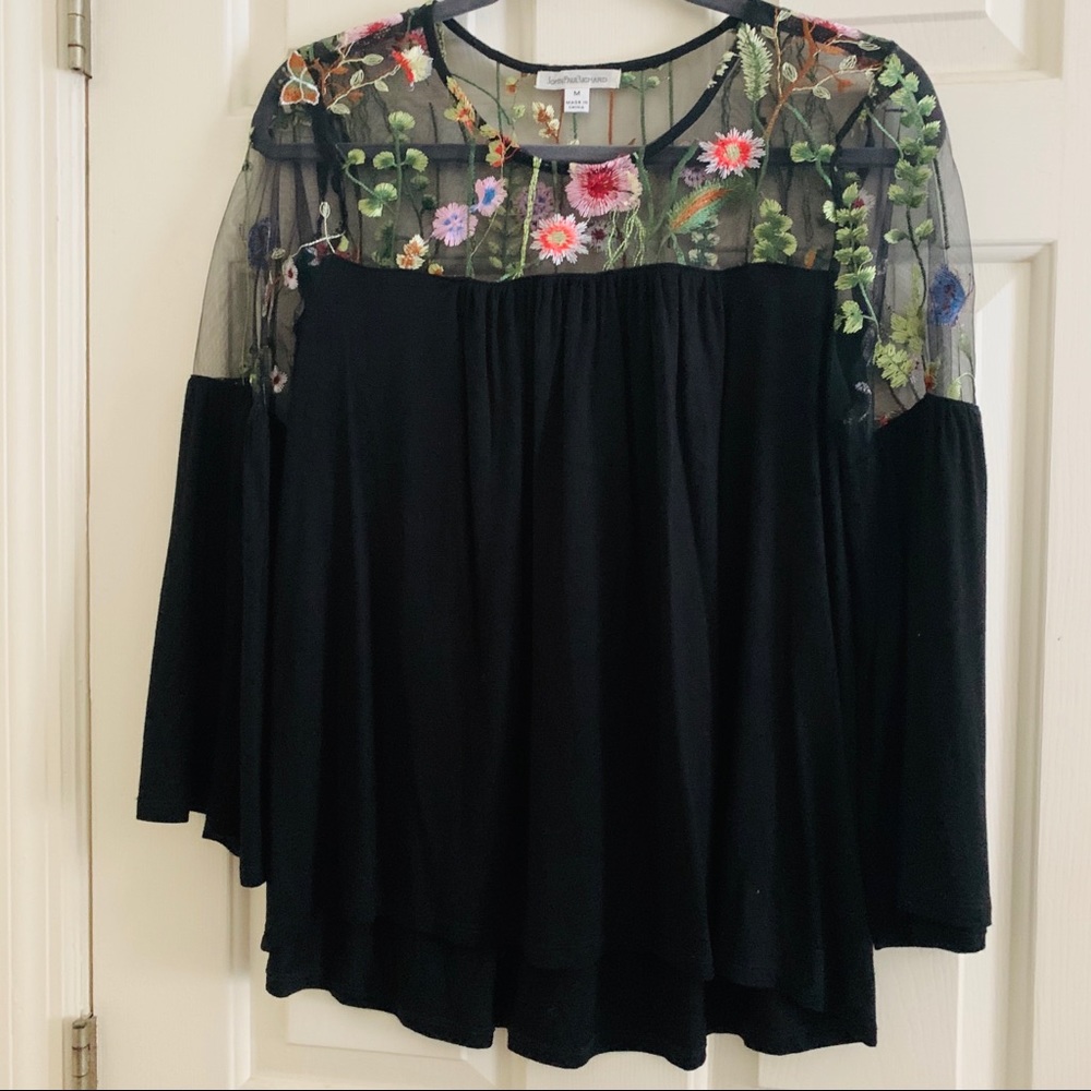 Floral embroidered black bell sleeve top